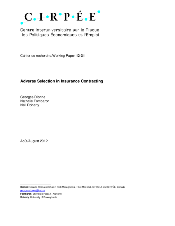 (PDF) Adverse Selection in Insurance Contracting
