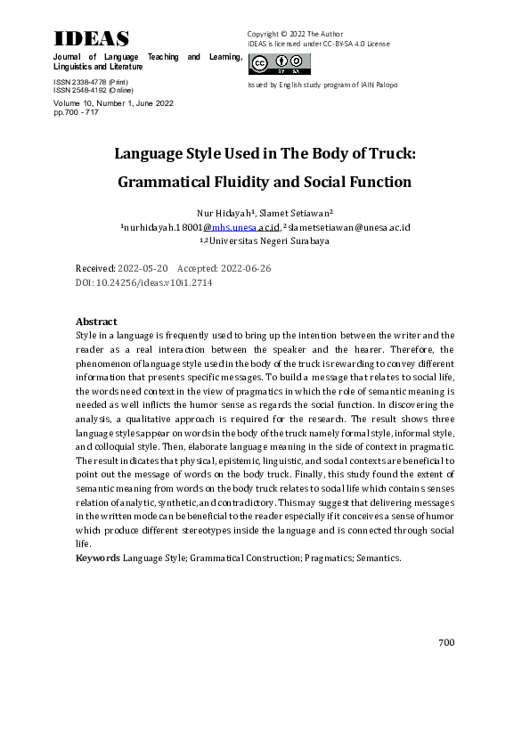 (PDF) Language Style Used in the Body of Truck : Grammatical Fluidity ...