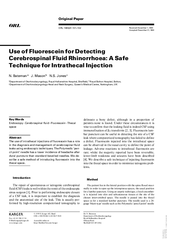 (PDF) Use of Fluorescein for Detecting Cerebrospinal Fluid Rhinorrhoea ...