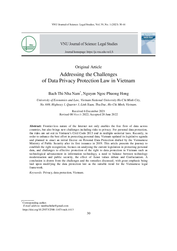 (PDF) Addressing the Challenges of Data Privacy Protection Law in Vietnam