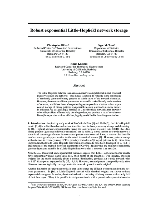 (PDF) Robust exponential binary pattern storage in Little-Hopfield networks