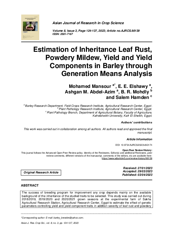 (PDF) Estimation of Inheritance Leaf Rust, Powdery Mildew, Yield and ...