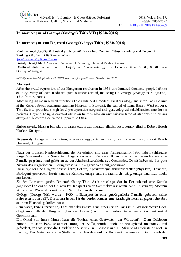 (PDF) In memoriam of George (György) Tóth MD (1930-2016)