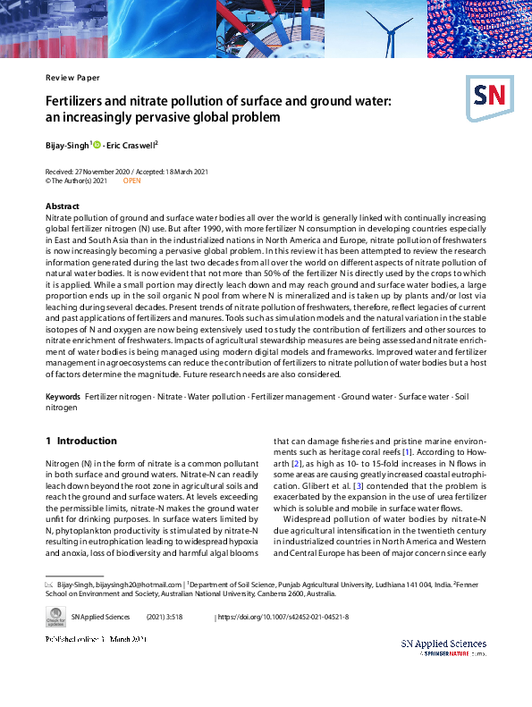 (PDF) Fertilizers and nitrate pollution of surface and ground water: an ...