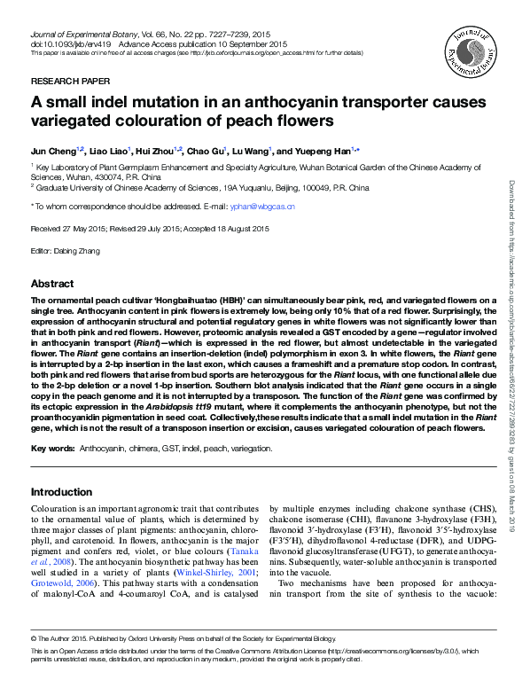 (PDF) Indel Mutation in Riant Alters Peach Flower Color