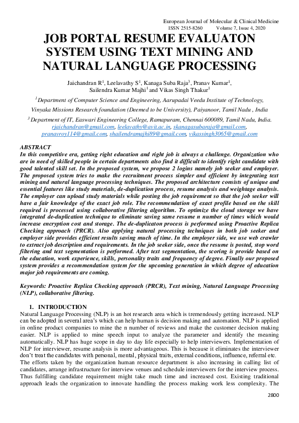 (PDF) Job Portal Resume Evaluaton System Using Text Mining and Natural ...