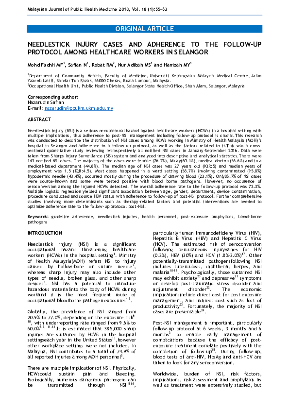 (PDF) Needlestick injury cases and adherence to the followup protocol