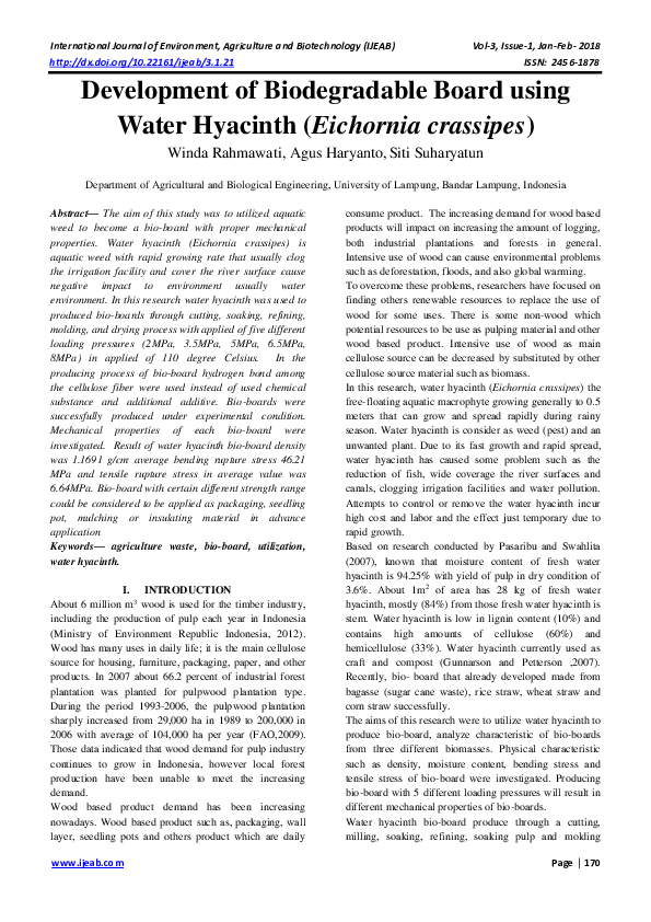 (PDF) Development of Biodegradable Board using Water Hyacinth ...