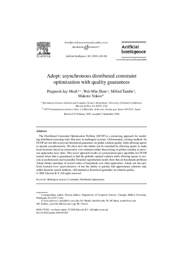 (PDF) Adopt: asynchronous distributed constraint optimization with ...