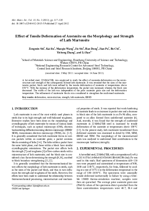 (PDF) Effect of tensile deformation of austenite on the morphology and ...