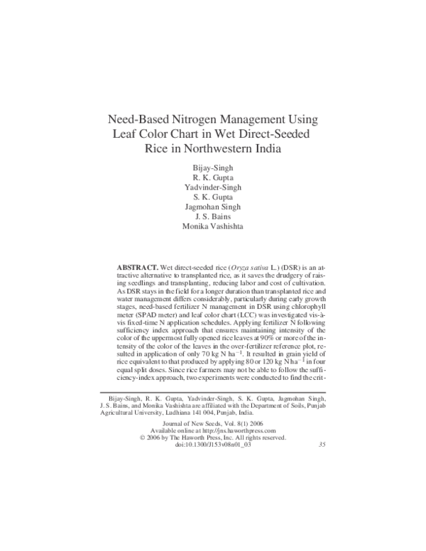 (PDF) Need-Based Nitrogen Management Using Leaf Color Chart in Wet ...