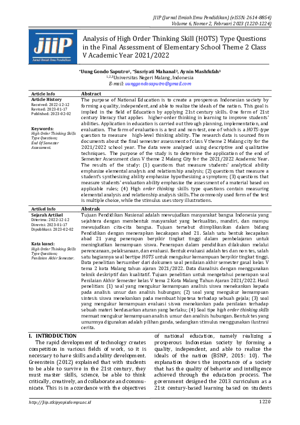(PDF) Analysis of High Order Thinking Skill (HOTS) Type Questions in ...