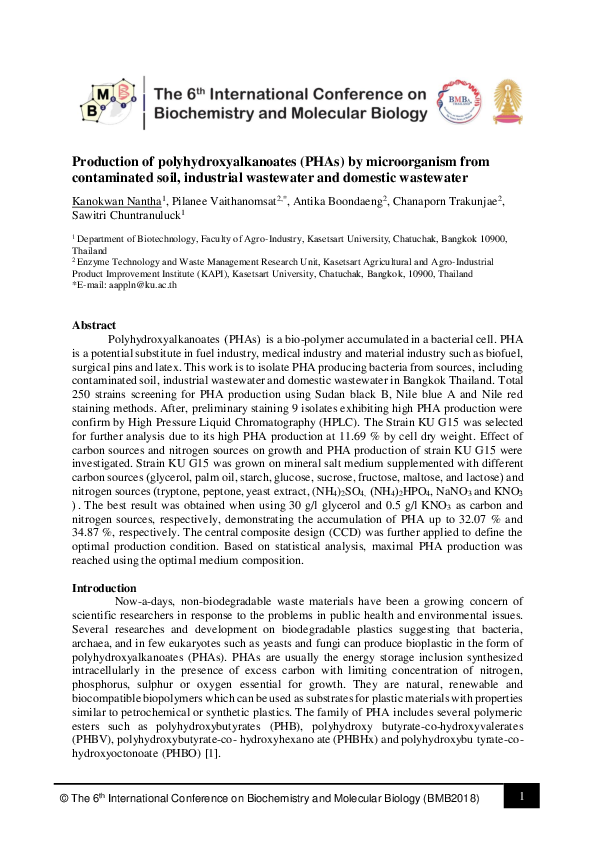(PDF) Production of polyhydroxyalkanoates (PHAs) by microorganism from ...