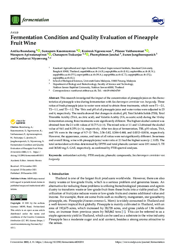 (PDF) Fermentation Condition and Quality Evaluation of Pineapple Fruit