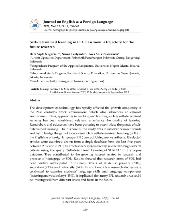 (PDF) Self-determined learning in EFL classroom: a trajectory for the ...