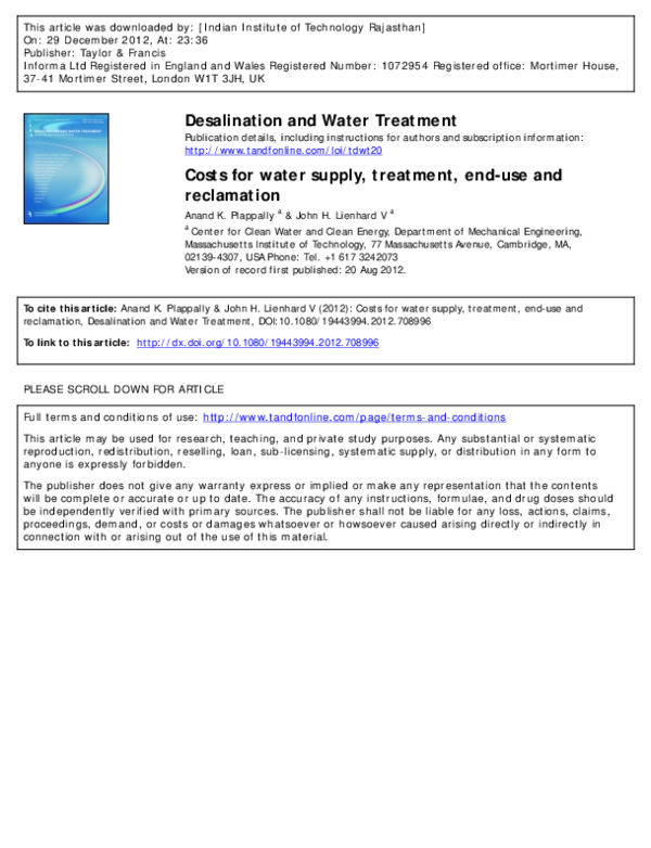(PDF) Costs for water supply, treatment, enduse and reclamation