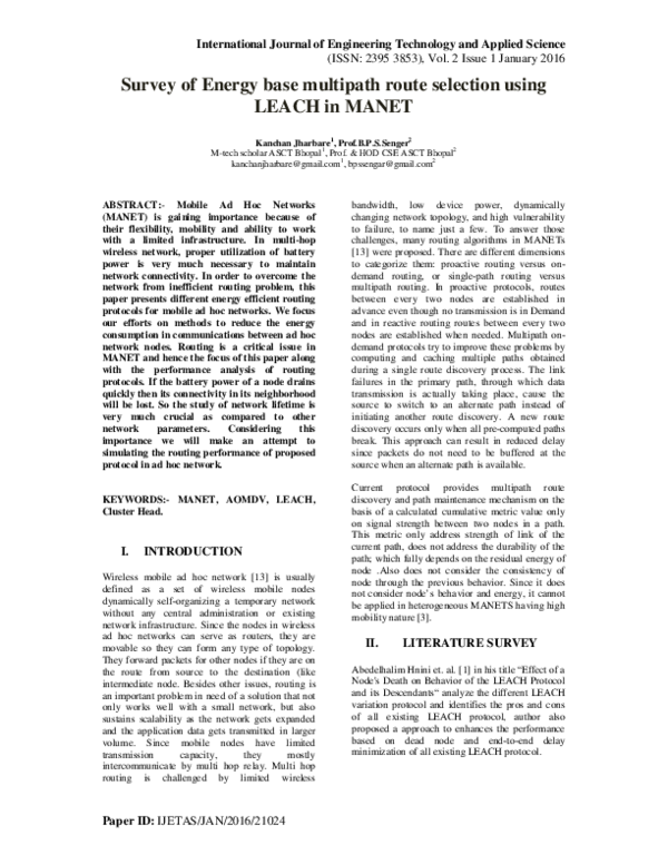 (PDF) Survey of Energy base multipath route selection using LEACH in MANET