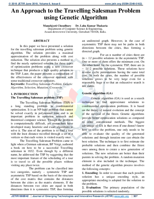 (PDF) An Approach to the Travelling Salesman Problem using Genetic ...