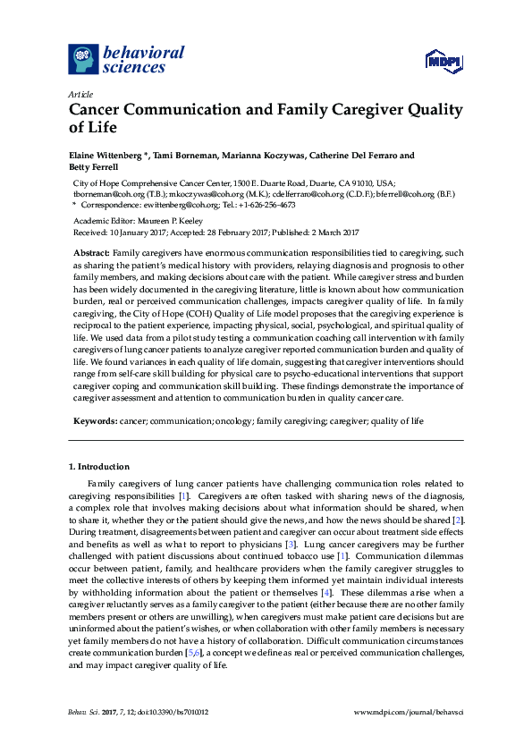 (PDF) Cancer Communication and Family Caregiver Quality of Life