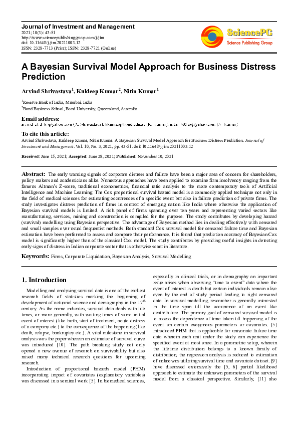 (PDF) A Bayesian Survival Model Approach for Business Distress Prediction