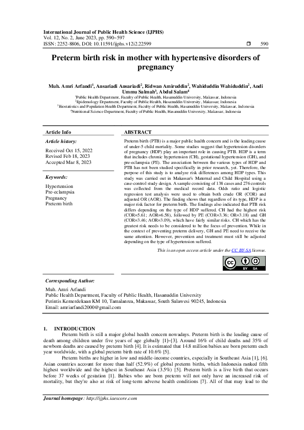 (PDF) Preterm birth risk in mother with hypertensive disorders of pregnancy