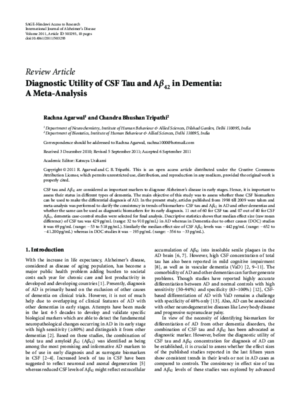 (PDF) Diagnostic Utility of CSF Tau and A in Dementia: A Meta-Analysis ...