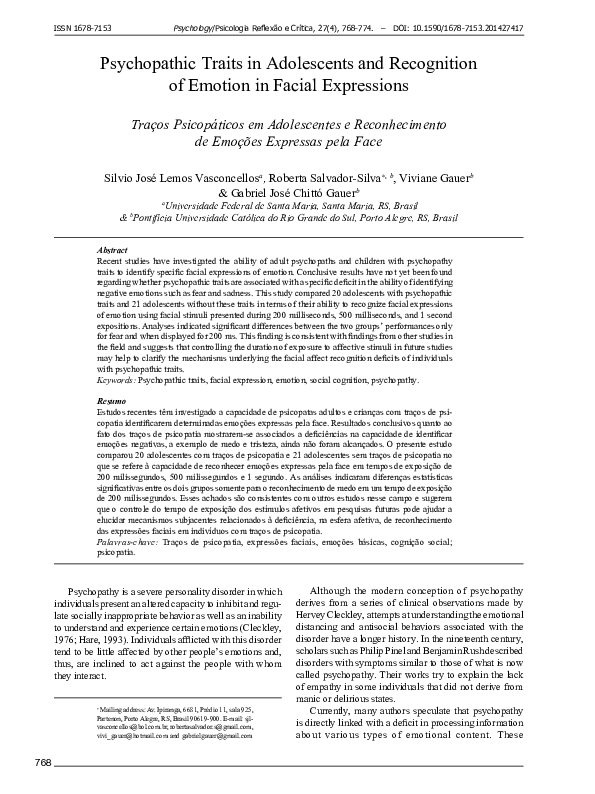 (PDF) Psychopathic traits in adolescents and recognition of emotion in ...