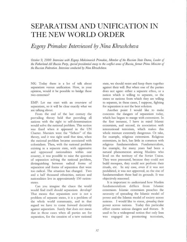 (PDF) Separatism and Unification in the New World Order: Evgeny ...
