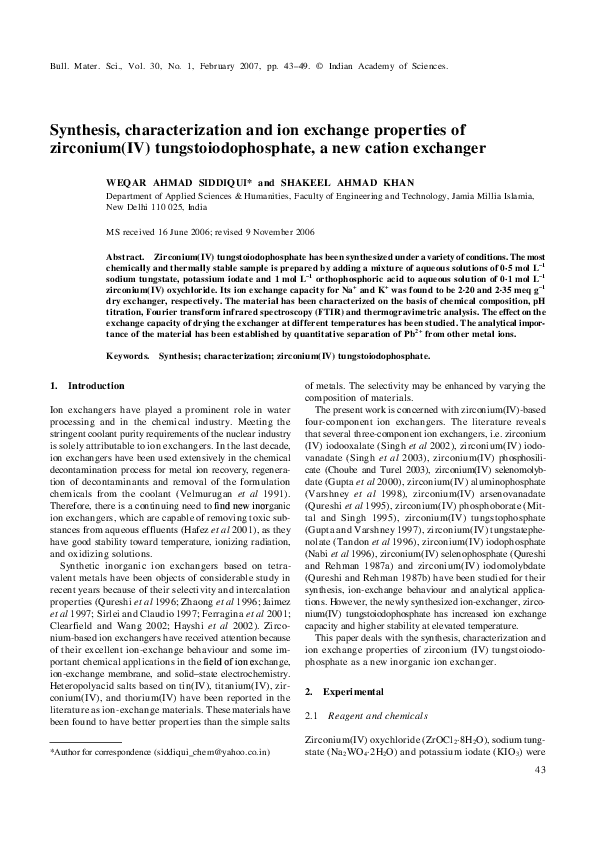 (PDF) Synthesis, characterization and ion exchange properties of ...