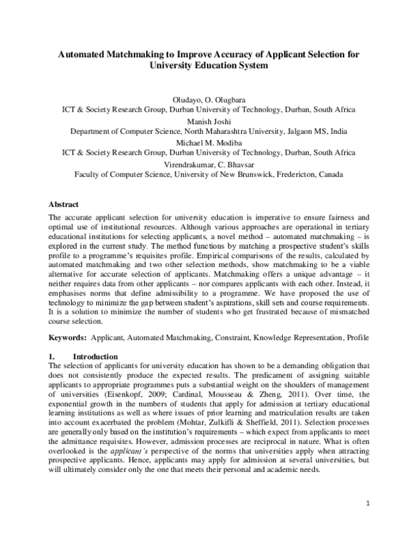 (PDF) Automated Matchmaking to Improve Accuracy of Applicant Selection ...