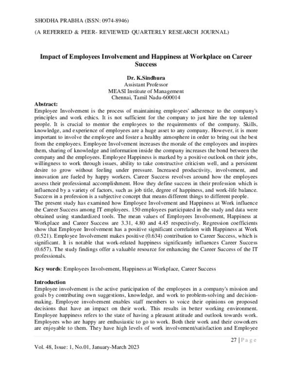 (PDF) Impact of Employees Involvement and Happiness at Workplace on ...