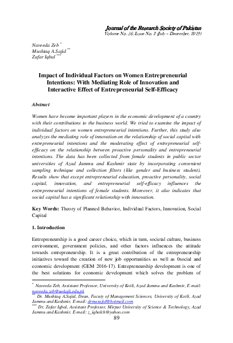 (PDF) Impact of Individual Factors on Women Entrepreneurial Intentions ...