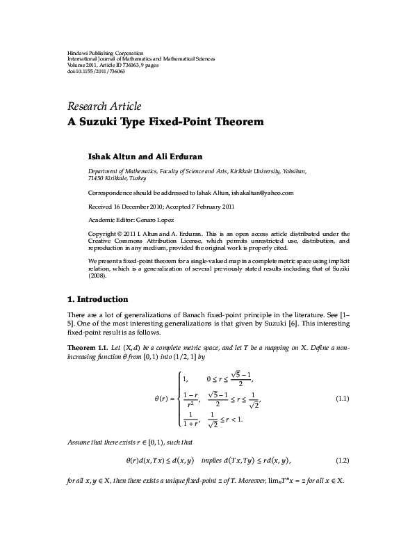 (PDF) A Suzuki Type Fixed-Point Theorem