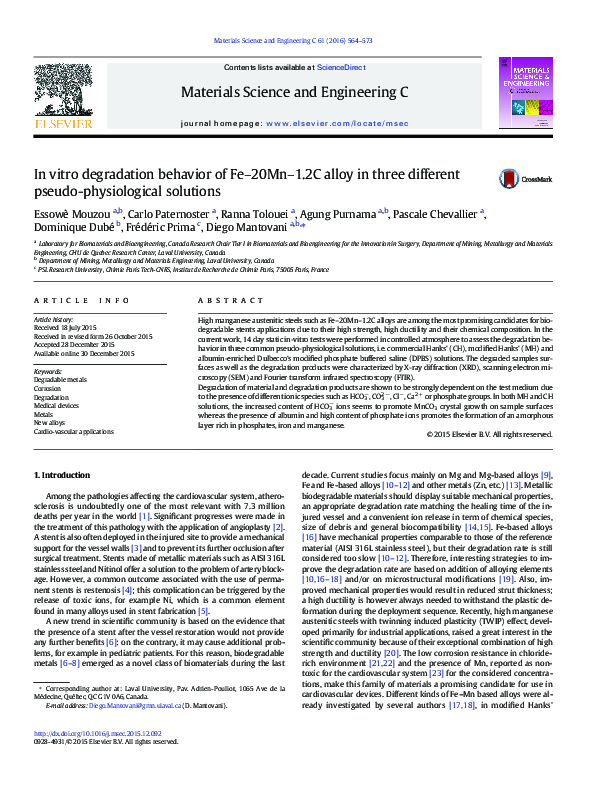 (PDF) In vitro degradation behavior of Fe–20Mn–1.2C alloy in three ...
