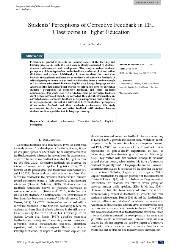 (PDF) Students’ Perceptions of Corrective Feedback in EFL Classrooms in ...