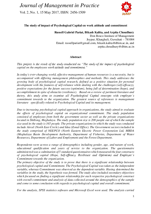 (PDF) The study of impact of Psychological Capital on work attitude and ...