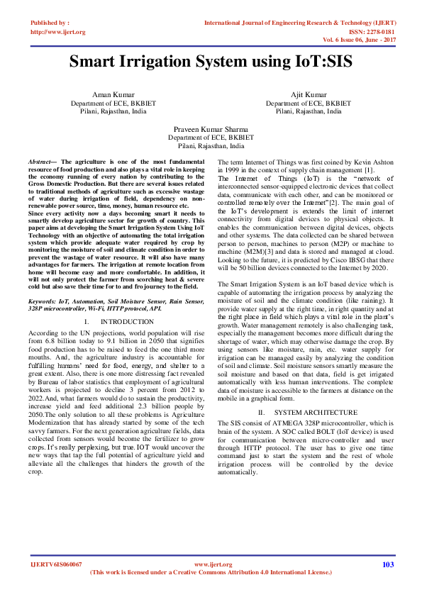 (PDF) Smart Irrigation System using IoTSIS Aman Kumar Academia.edu