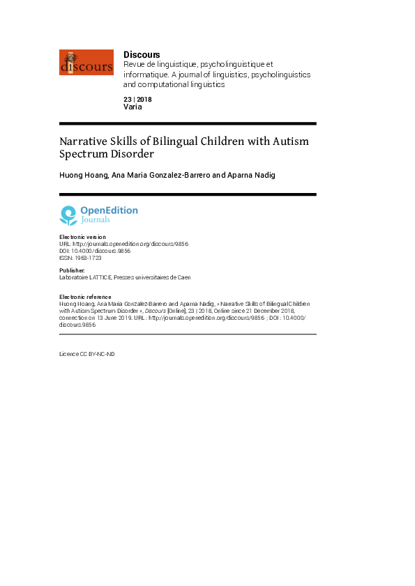 (PDF) Narrative Skills of Bilingual Children with Autism Spectrum Disorder