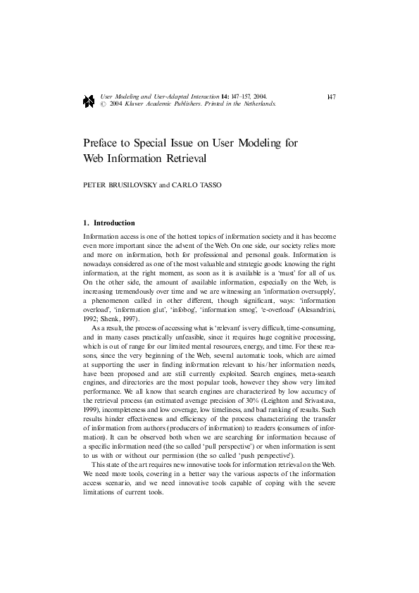 (PDF) Preface to Special Issue on User Modeling for Web Information ...