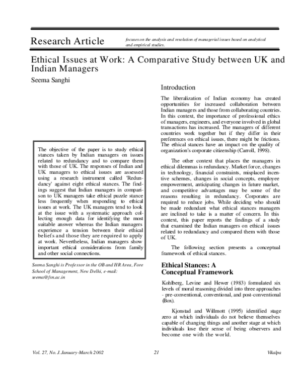 (PDF) Ethical Issues at Work: A Comparative Study between UK and Indian ...