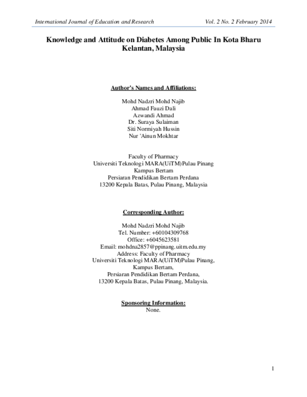 (PDF) Knowledge and Attitude on Diabetes Among Public In Kota Bharu ...