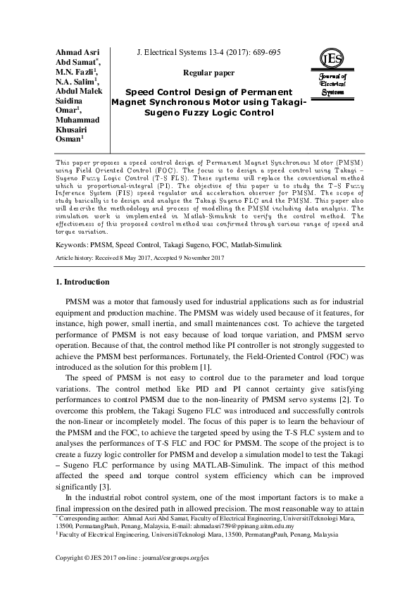 (PDF) Speed control design of permanent magnet synchronous motor using ...