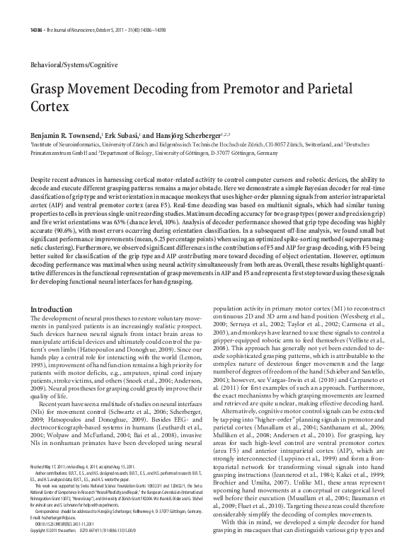 (PDF) Grasp Movement Decoding from Premotor and Parietal Cortex
