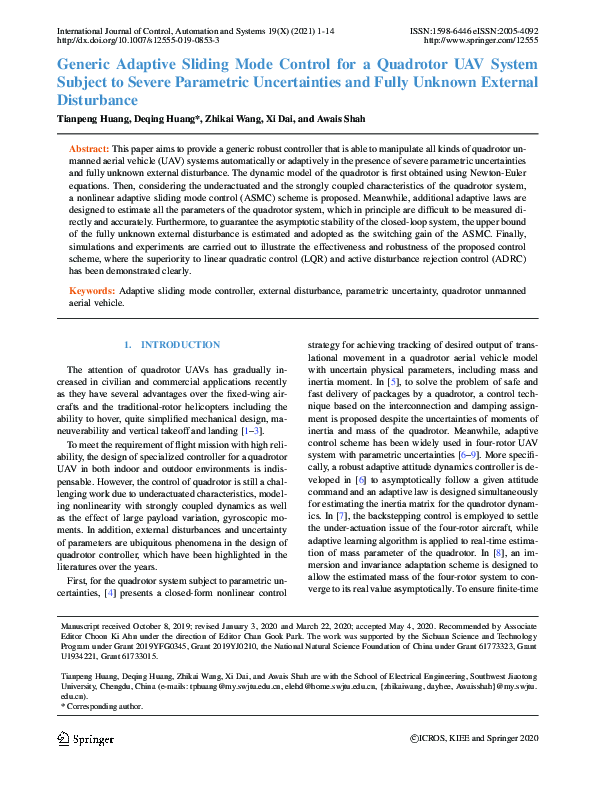 (PDF) Generic Adaptive Sliding Mode Control for a Quadrotor UAV System ...