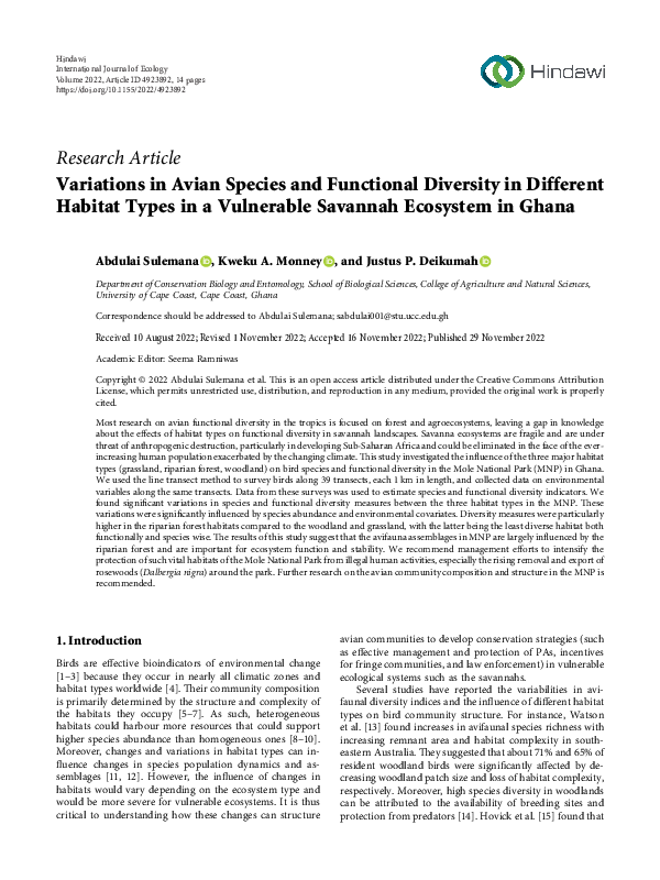 (PDF) Variations in Avian Species and Functional Diversity in Different ...