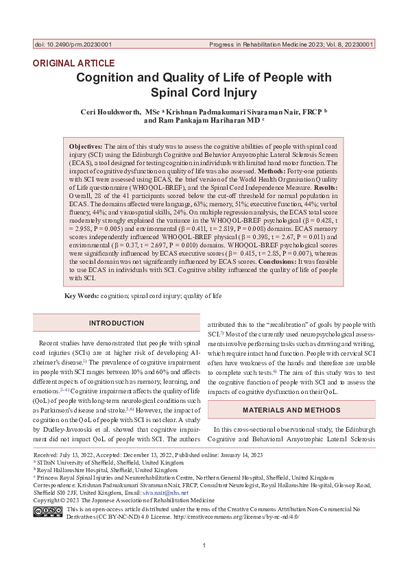 (PDF) Cognition and Quality of Life of People with Spinal Cord Injury