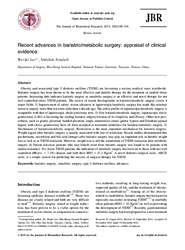 (PDF) Recent advances in bariatric/metabolic surgery: appraisal of ...