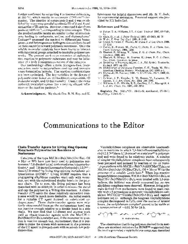 (PDF) Chain-transfer agents for living ROMP [Ring-Opening Metathesis ...