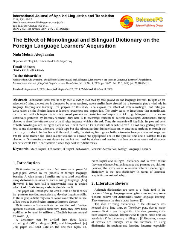 (PDF) The Effect of Monolingual and Bilingual Dictionary on the Foreign ...