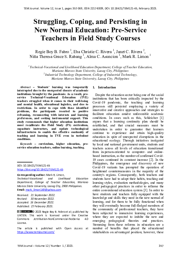 (PDF) Struggling, Coping, and Persisting in New Normal Education: Pre ...